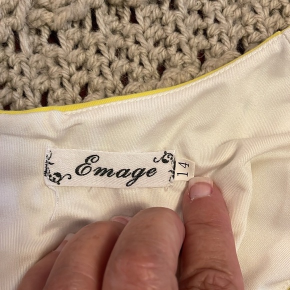 Women’s sleeveless dress midi length EMAGE size 14 colorblock yellow white blue - Picture 7 of 10